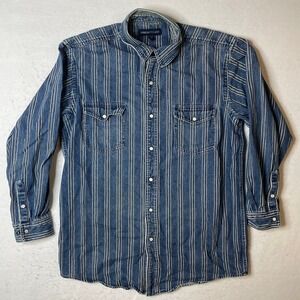 MWG Apparel Mens Size L Blue White Stripe Denim Jean Long Sleeve Button Up Shirt